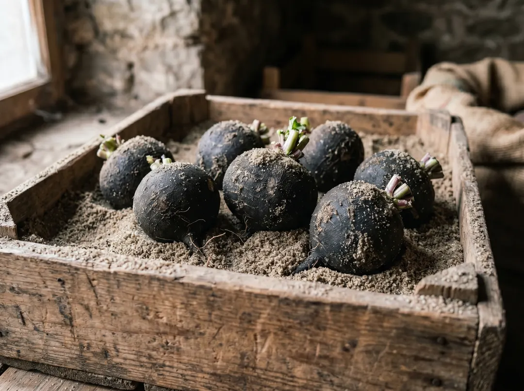 Caisse de sable en cave avec des radis noirs rangés pour la conservation hivernale