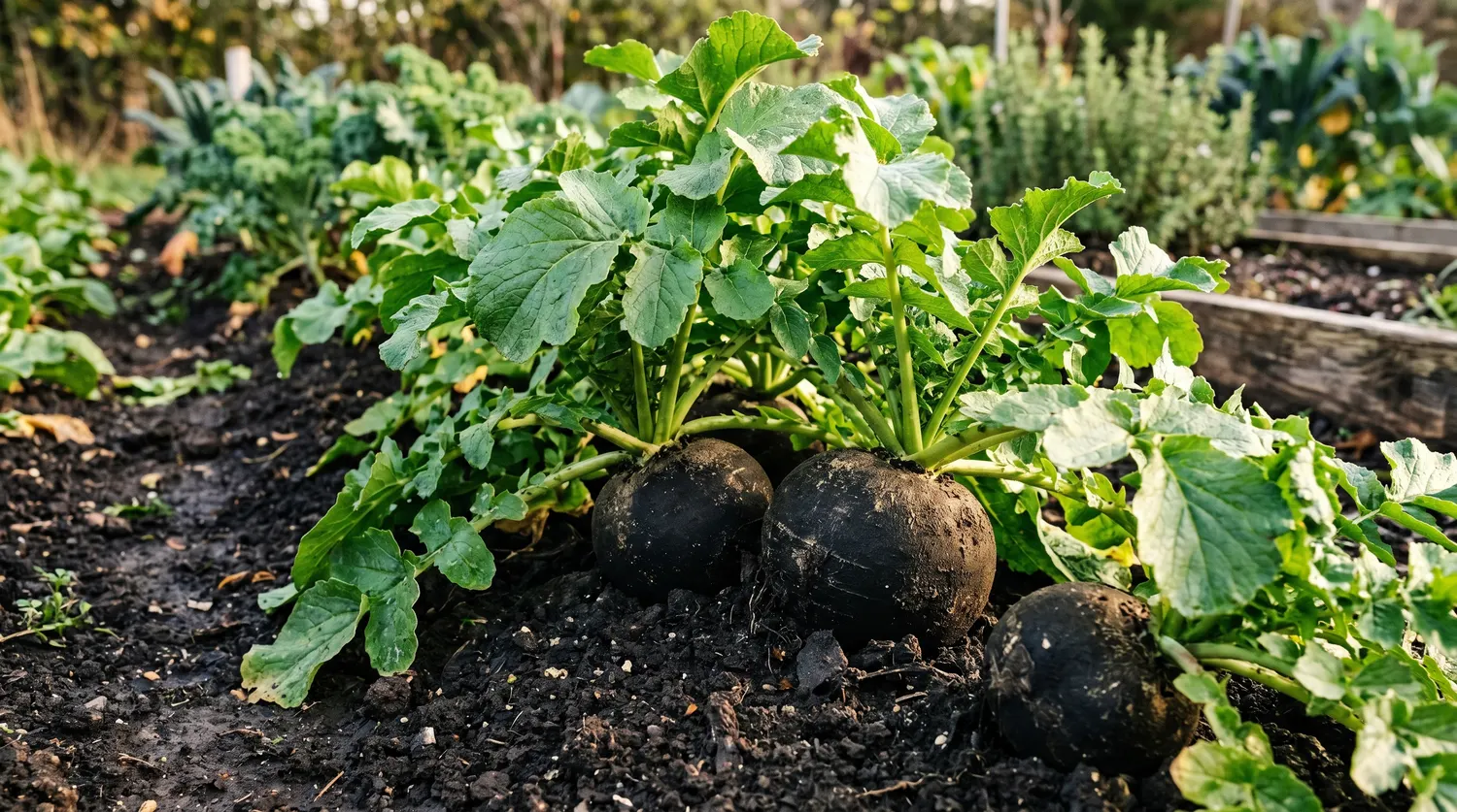 Gros radis noirs d'hiver poussant en rang au potager avec leur feuillage