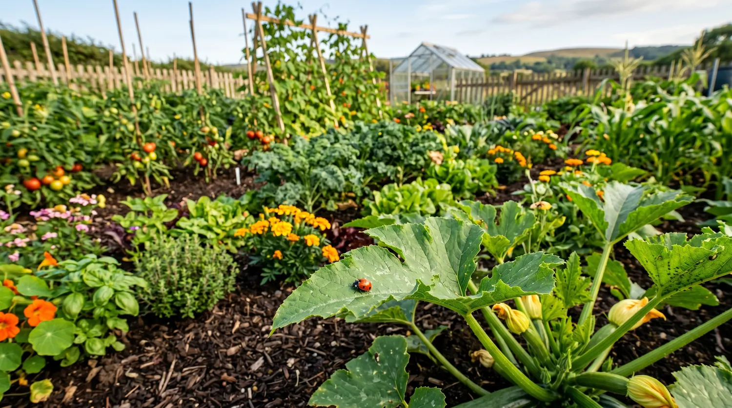 Potager sain avec une coccinelle, illustrant la protection naturelle des cultures