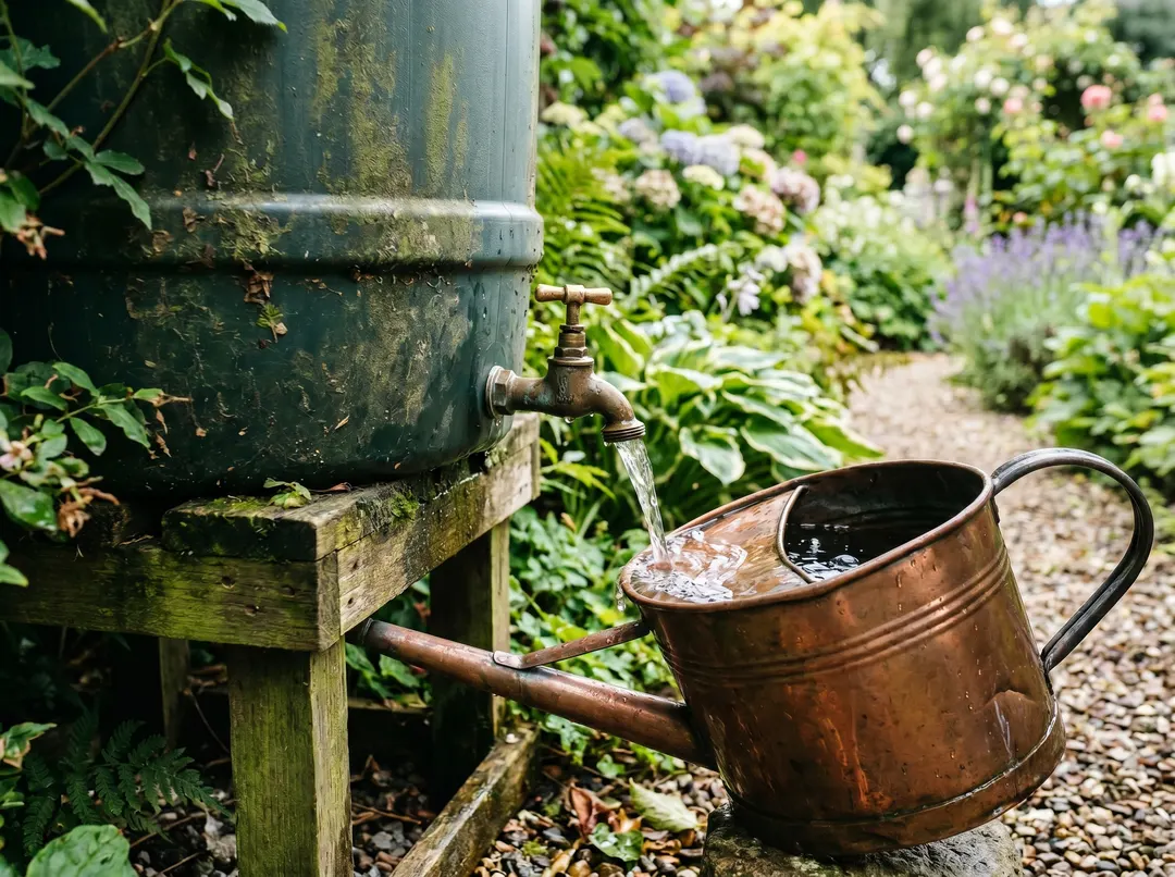 Arrosoir rempli au robinet d'un récupérateur d'eau de pluie