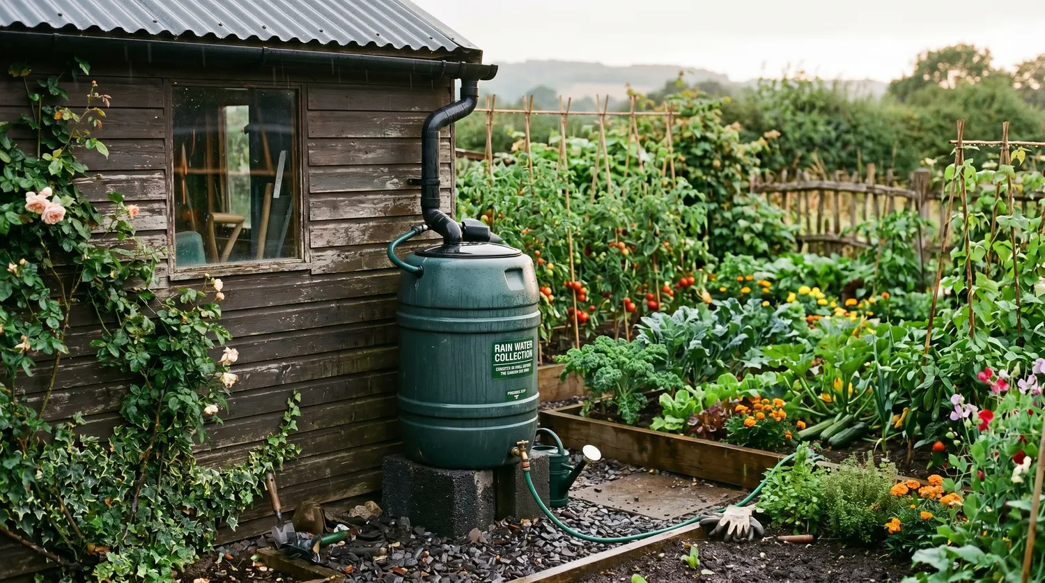 Récupérateur d'eau de pluie relié à une descente de gouttière à côté d'un potager