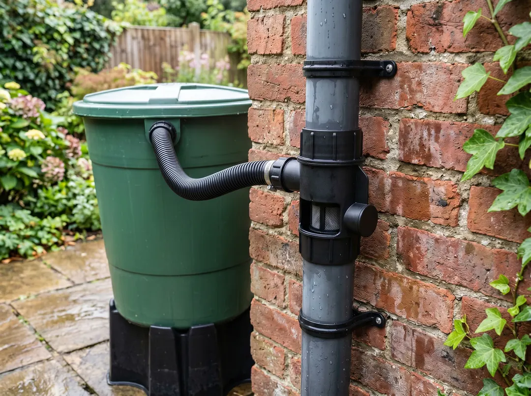 Collecteur d'eau de pluie installé sur une descente de gouttière alimentant une cuve