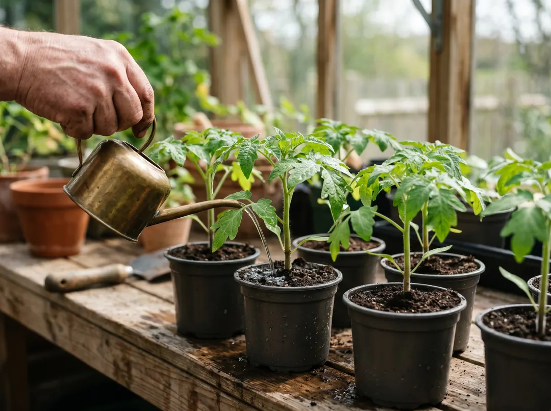 Jeunes plants de tomate fraîchement repiqués en godets, arrosés délicatement