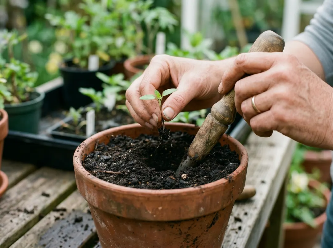 Main faisant un trou au plantoir et tenant une plantule par les feuilles