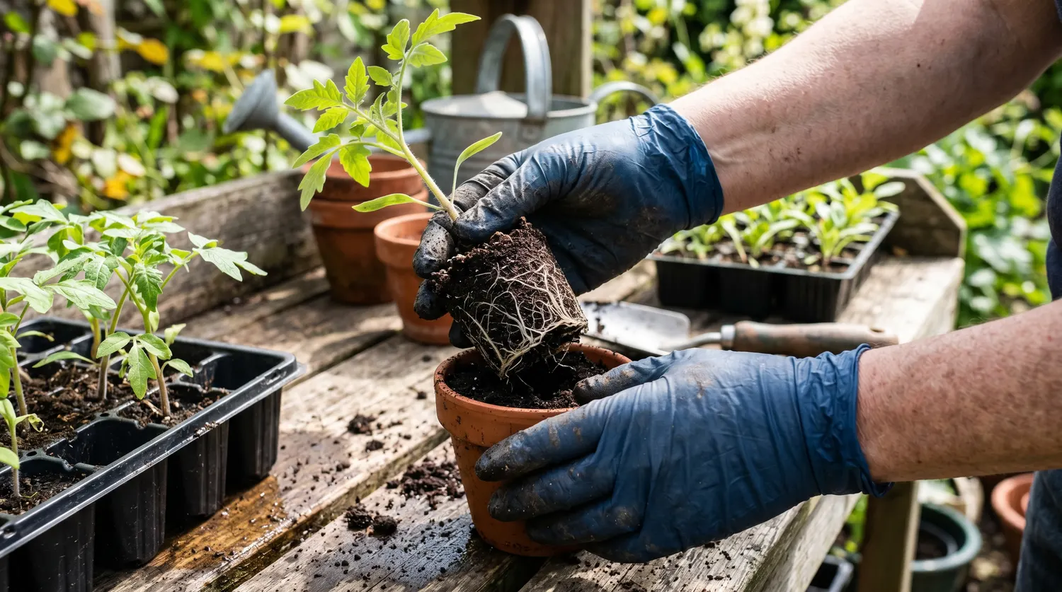 Mains repiquant un jeune plant de semis dans un pot plus grand, motte racinaire visible