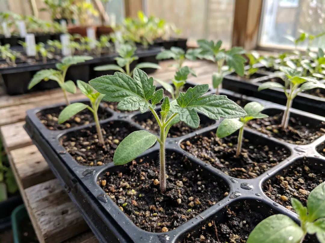 Jeunes plantules montrant leurs premières vraies feuilles, prêtes au repiquage