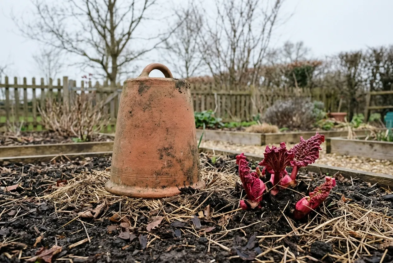 Forçage de la rhubarbe : pied coiffé d'un pot de terre cuite retourné, à côté d'une souche aux bourgeons rouges