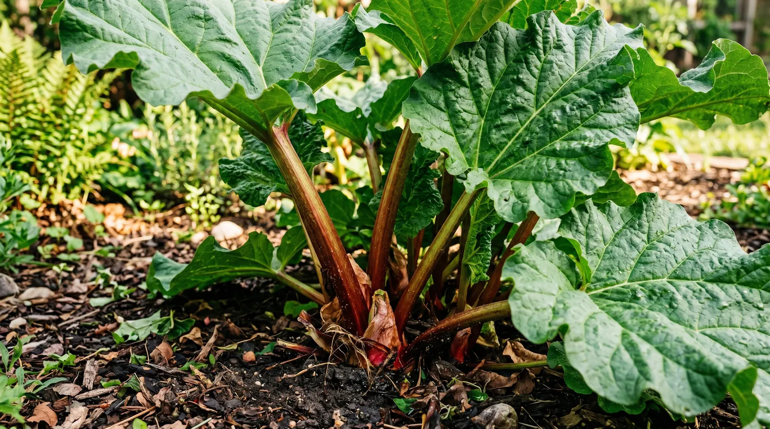 Pied de rhubarbe au jardin avec grandes feuilles vertes et tiges rouge-vert