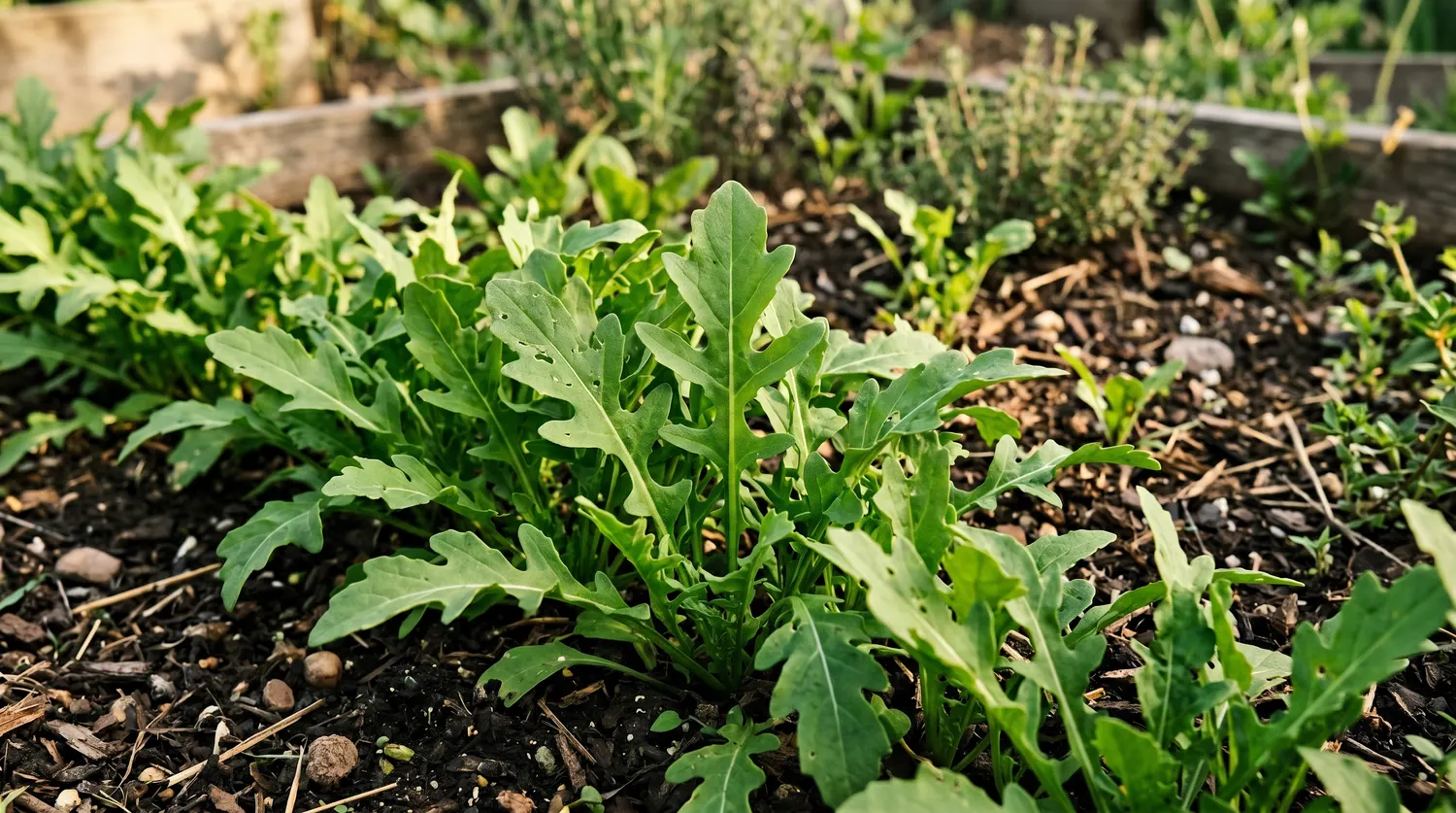 Roquette aux feuilles vertes découpées poussant dans une planche de potager