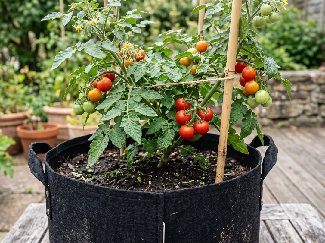 Gros plan sur un sac de culture en feutre géotextile noir avec un pied de tomate vigoureux