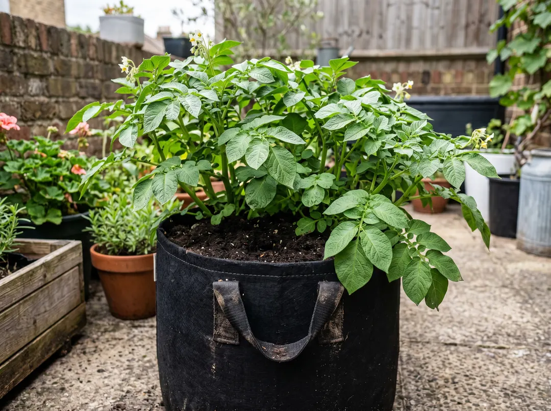 Sac de culture en géotextile avec des plants de pommes de terre, sur une terrasse urbaine