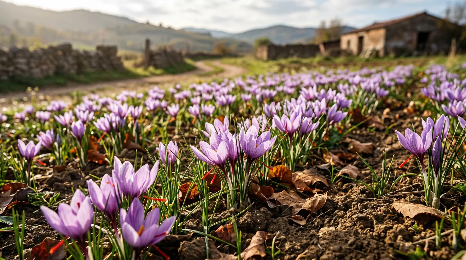 Champ de crocus à safran en fleur, fleurs violettes aux stigmates rouges, lumière d'automne
