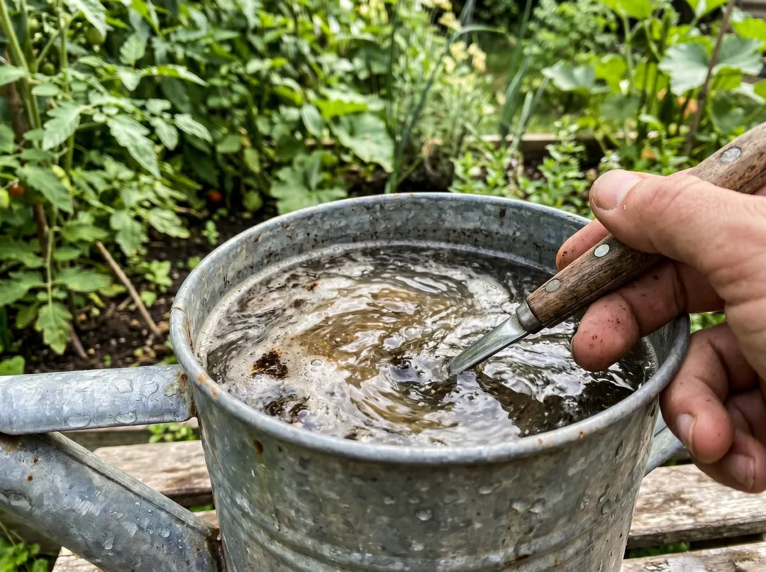 Savon noir dilué dans un arrosoir d'eau pour un traitement au jardin