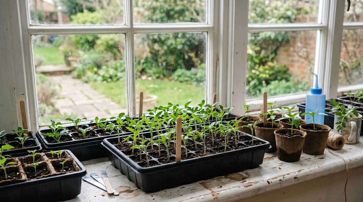 Plateaux de jeunes semis de légumes sur un rebord de fenêtre lumineux