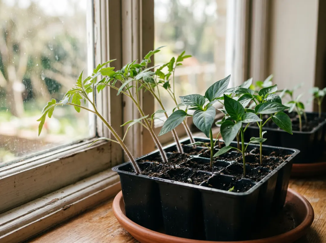 Jeunes plants de tomate et poivron tendant vers la lumière d’une fenêtre