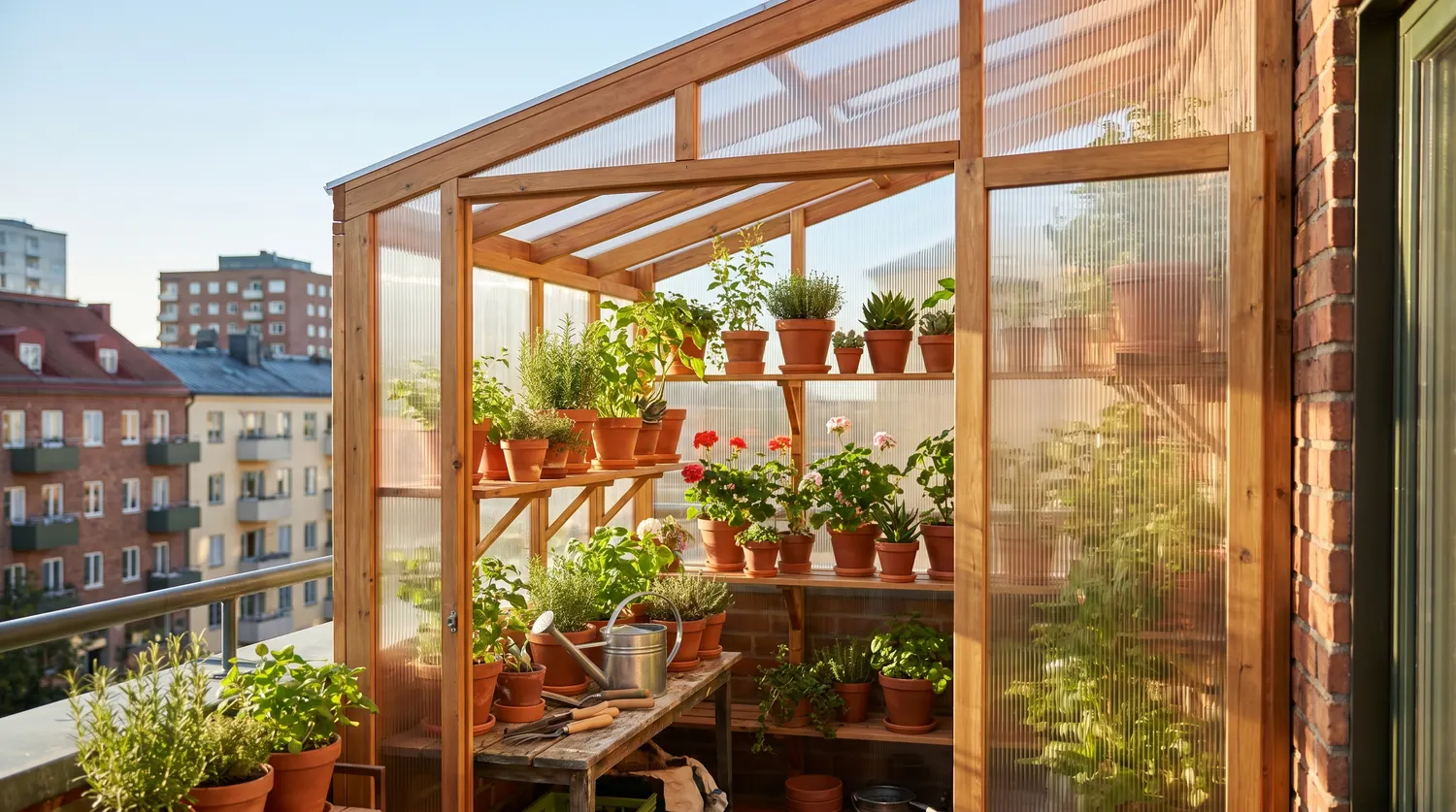 Petite serre de balcon à panneaux transparents sur un balcon urbain ensoleillé, étagères de plants