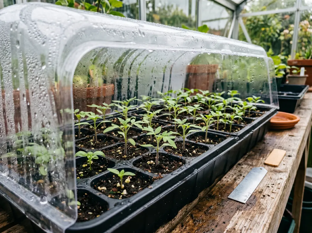 Plateaux de semis avec jeunes plants sous une mini-serre transparente, condensation sur la housse