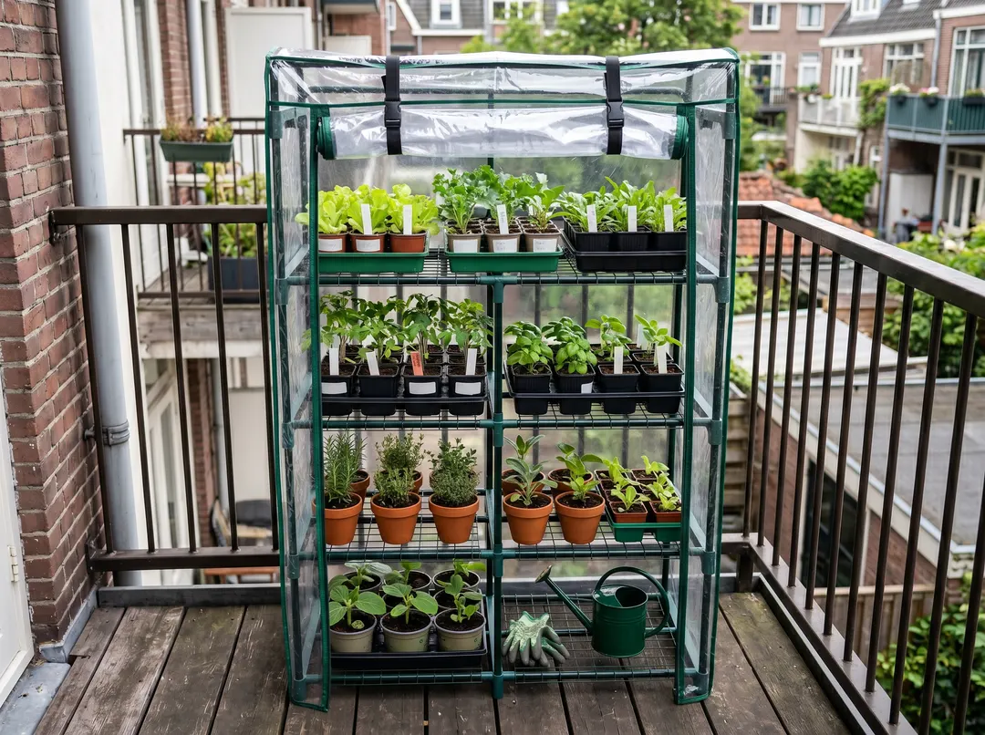 Mini-serre compacte à étagères avec housse enroulable sur un balcon, plusieurs niveaux de godets