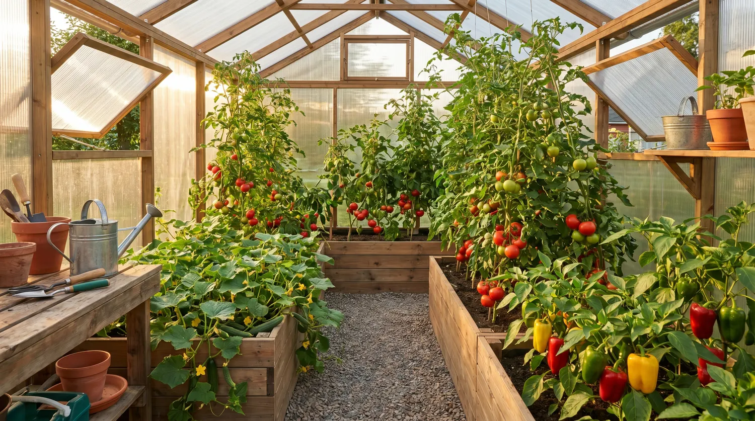 Intérieur d'une serre de jardin productive avec tomates, concombres et poivrons