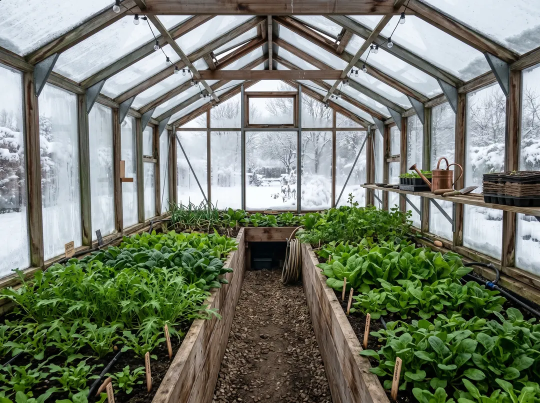 Intérieur d'une serre en hiver avec salades et jeunes pousses rustiques