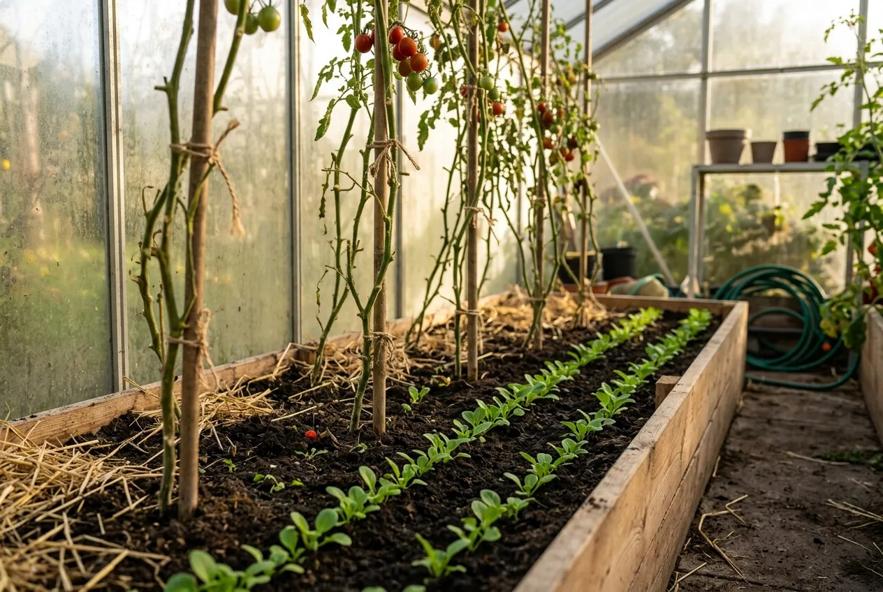 Planche de serre en fin d'été avec de jeunes semis de mâche levés entre les pieds de tomates