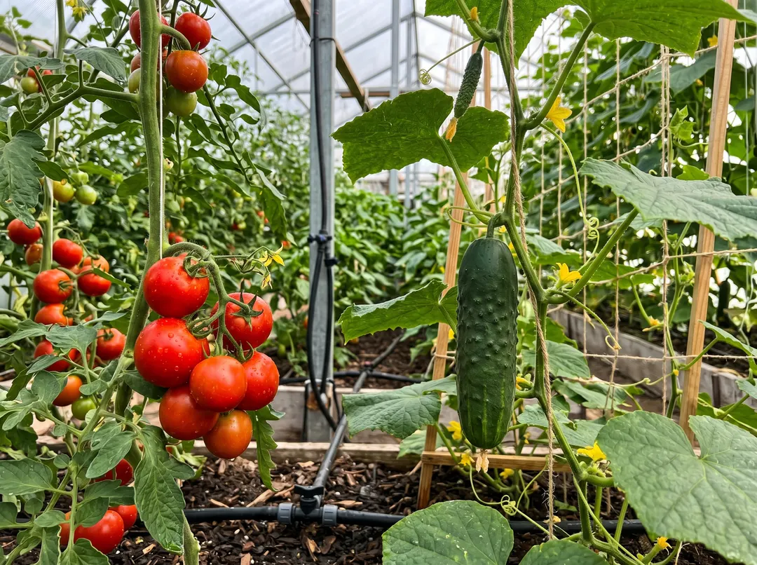 Tomates et concombres mûrissant à l'intérieur d'une serre