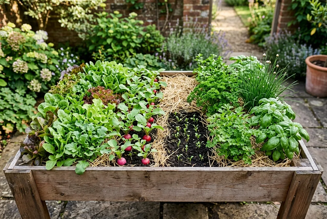 Table de culture garnie de salades à couper, de radis et d’herbes aromatiques à différents stades