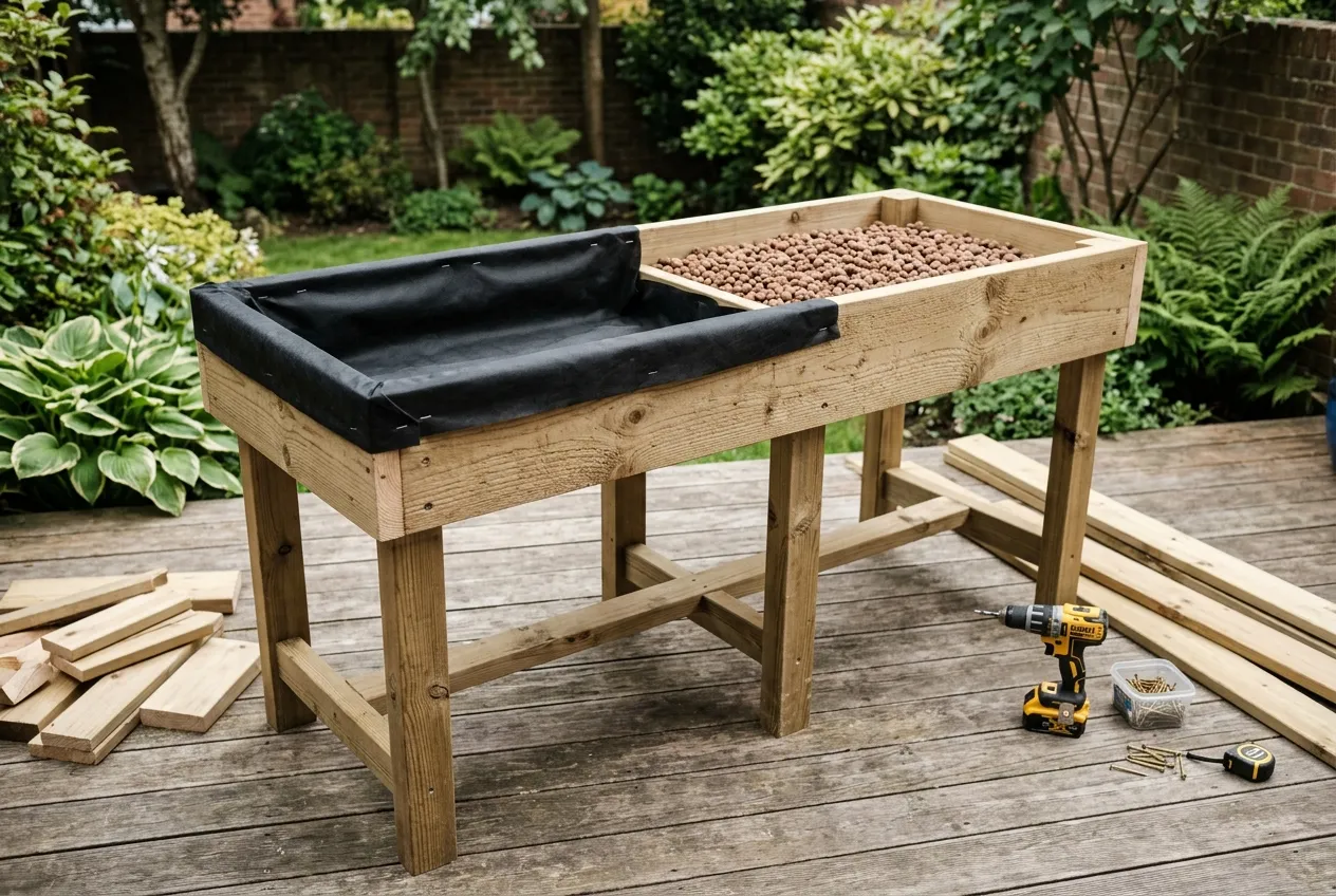 Table de culture en cours de fabrication : cadre en bois, pieds, traverses basses, bâche géotextile et billes d’argile