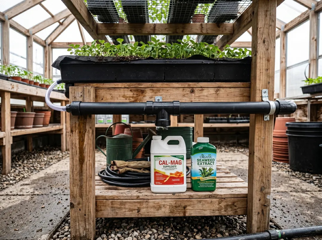 Vue sous une table de culture montrant le bac peu profond, le drainage et la tablette de rangement