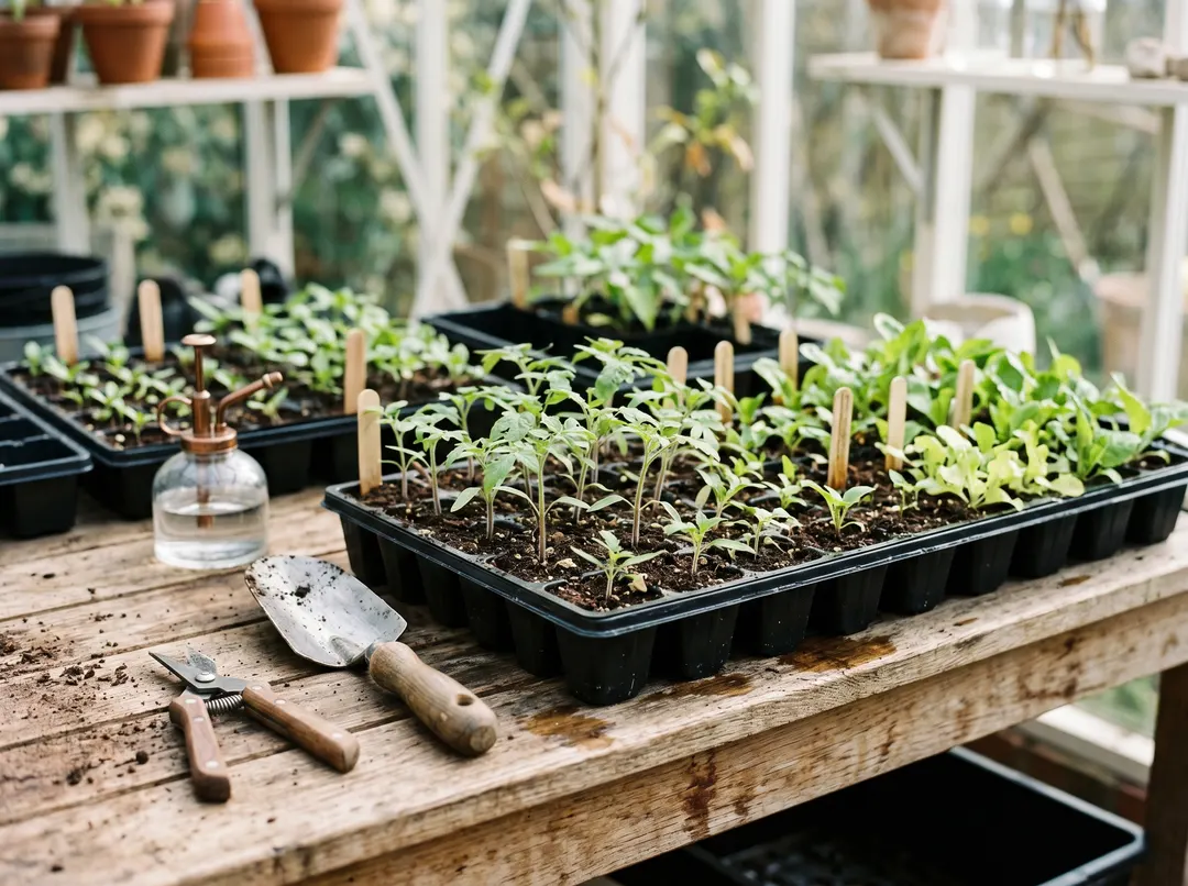 Plateaux de semis et jeunes plants sur une table de culture en bois à hauteur de travail