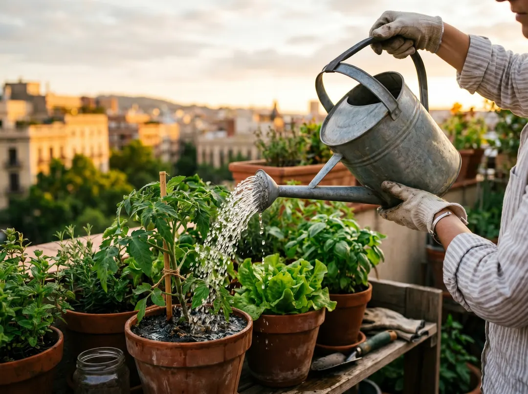 Arrosoir versant de l’eau sur des légumes en pots sur une terrasse au coucher du soleil