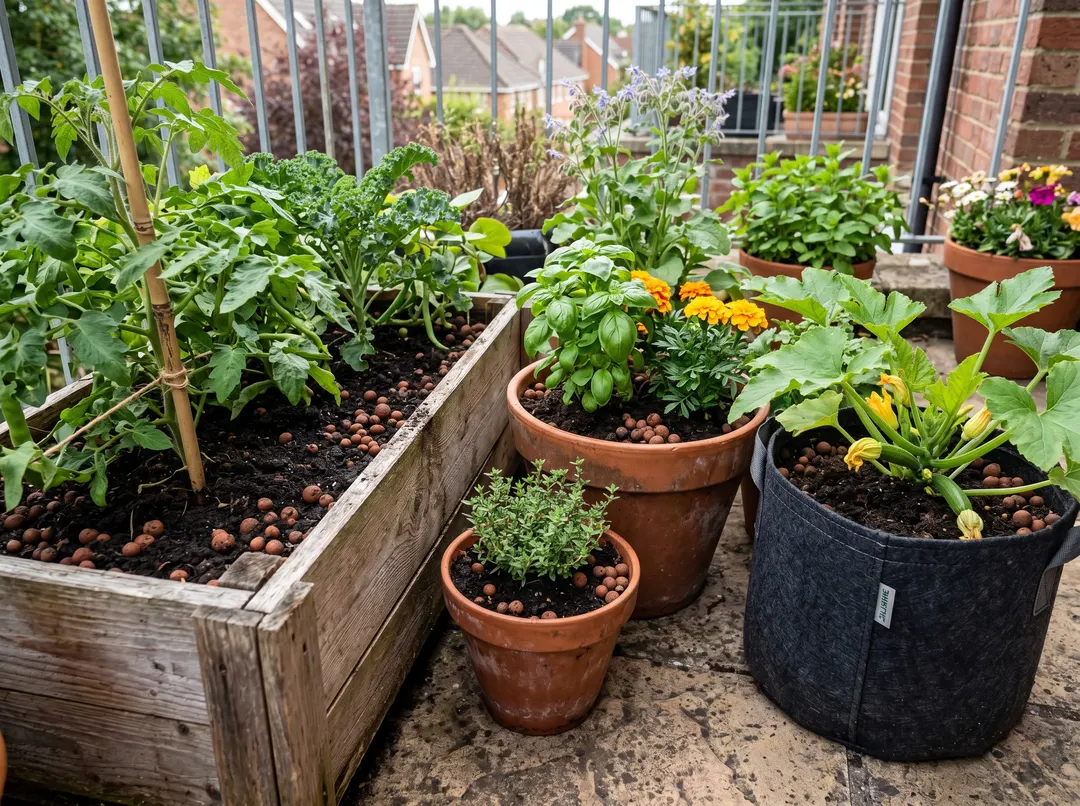 Bac en bois, pots en terre cuite et sac de culture remplis de terre sur une terrasse