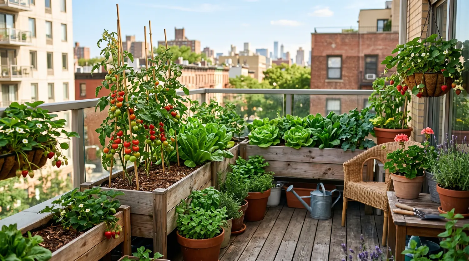 Terrasse urbaine ensoleillée avec un potager en bacs et pots de tomates, salades et aromates