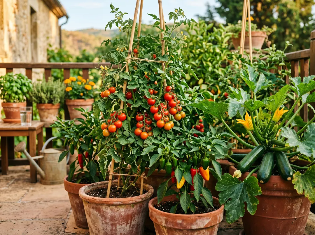 Tomates cerises, poivrons et courgettes en pots sur une terrasse ensoleillée