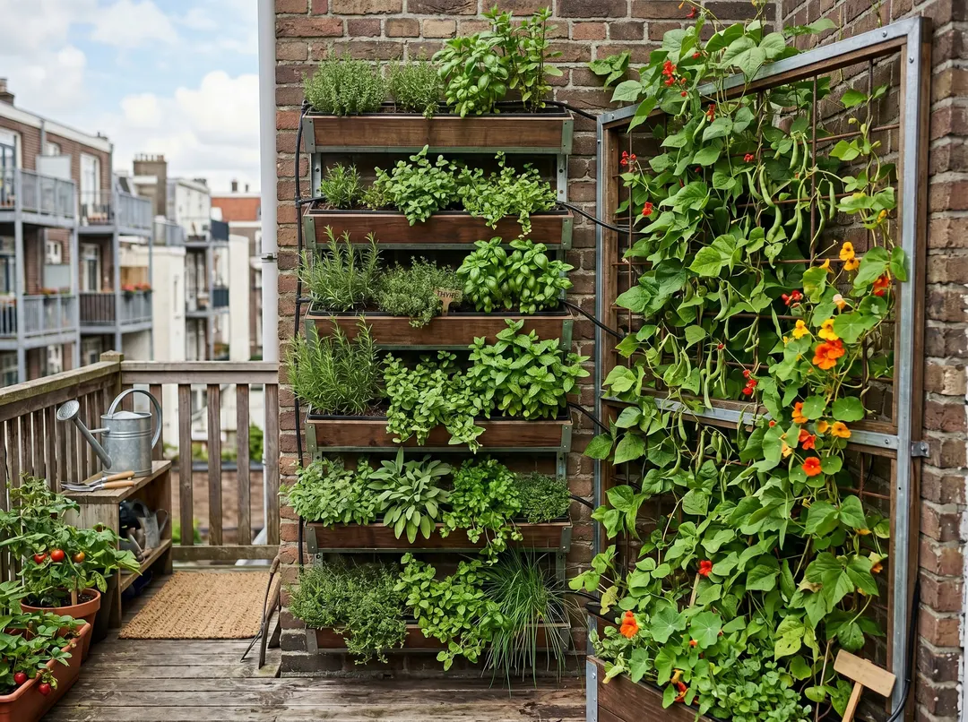 Mur de jardinières superposées et treillis de haricots grimpants sur une terrasse