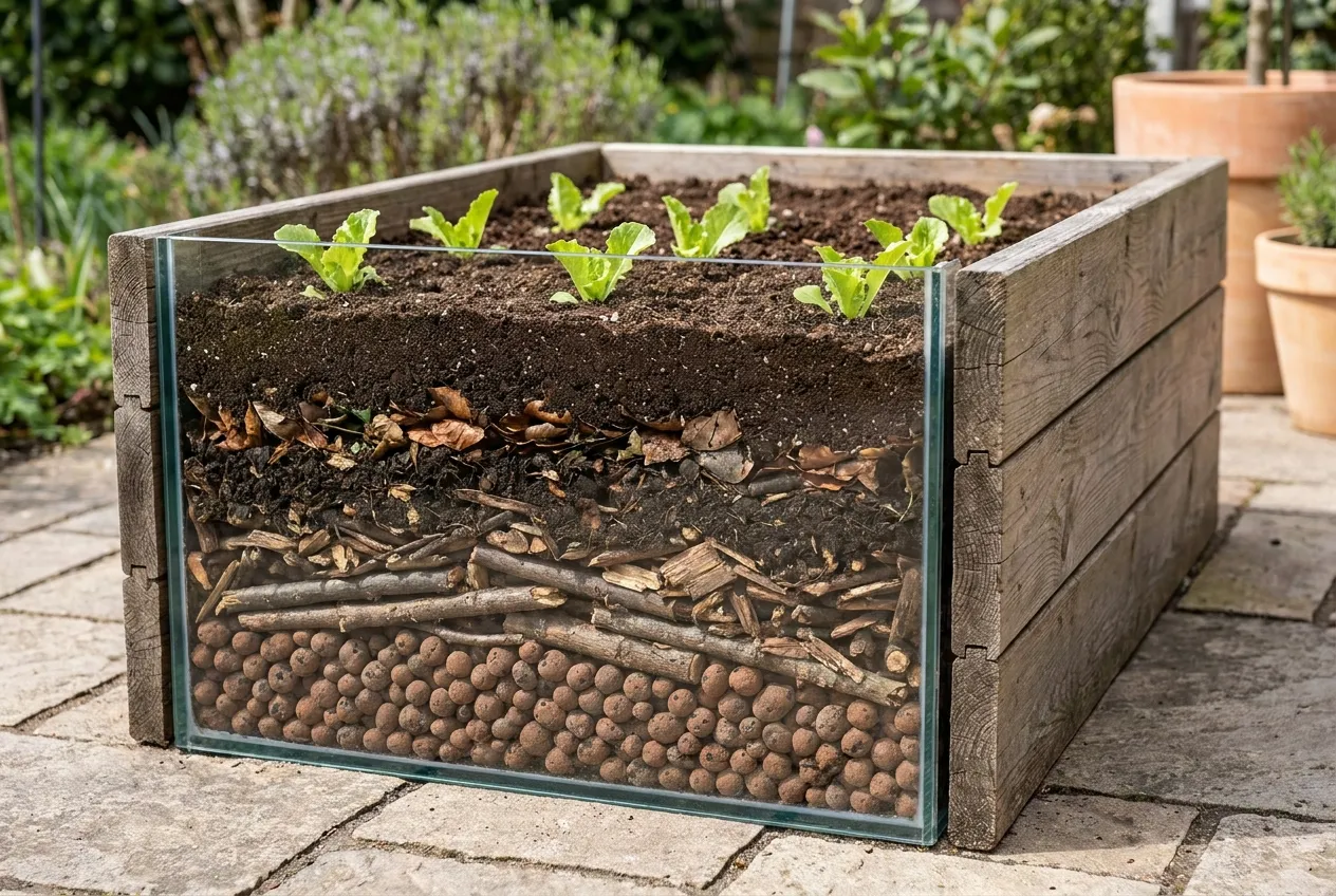 Vue en coupe d’un bac potager rempli couche par couche : drainage, branchages, compost et terreau
