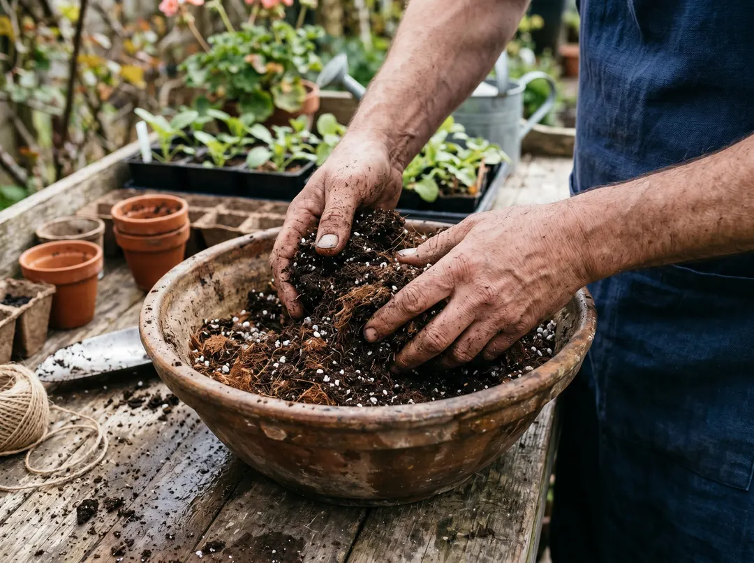 Mains mélangeant un terreau de semis maison : compost, fibre de coco, perlite et sable