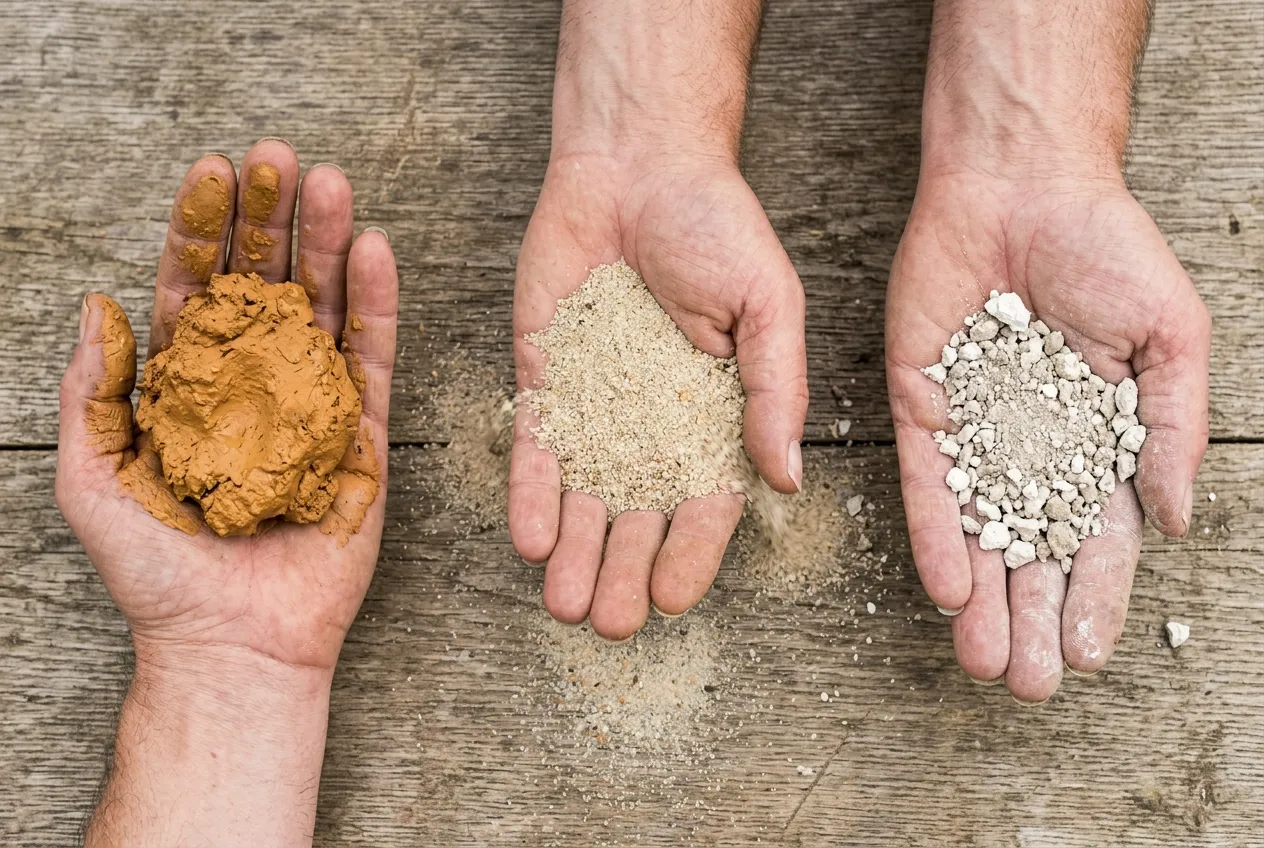 Comparatif de trois terres en main : terre argileuse, terre sablonneuse et terre calcaire