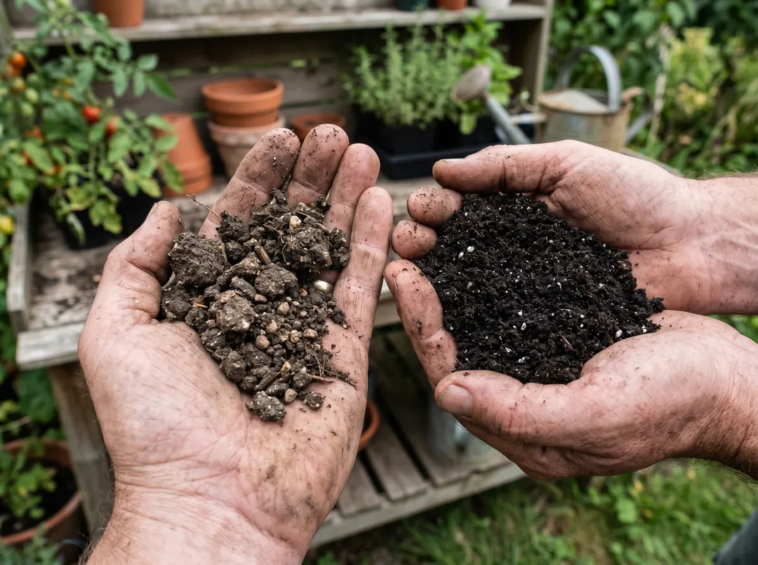 Comparaison entre terre de jardin et terreau de semis fin tenus dans les mains