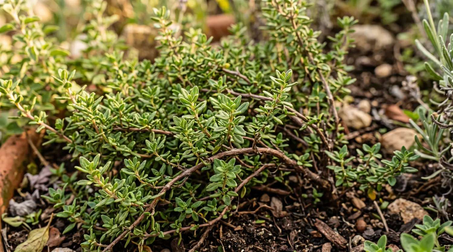 Pied de thym aux petites feuilles vertes sur tiges ligneuses au jardin