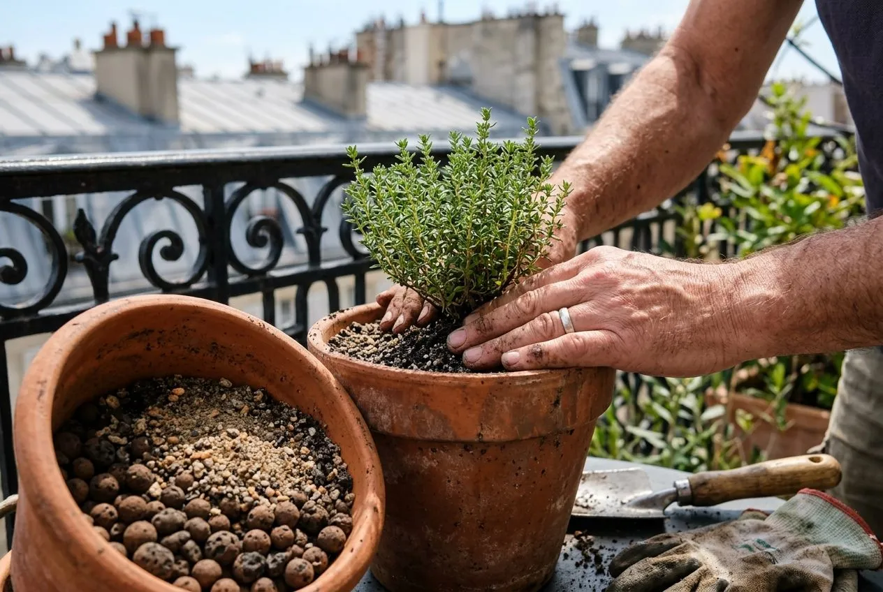 Thym rempoté dans un pot en terre cuite sur un balcon, avec une couche de billes d'argile au drainage