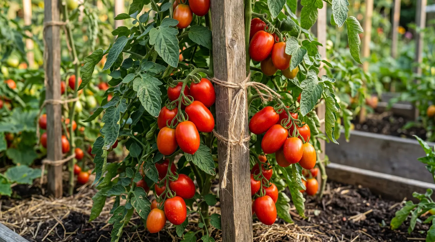 Pied de tomate tuteuré chargé de tomates rouges mûres au potager