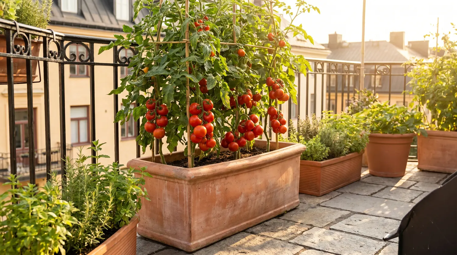 Grand pot en terre cuite sur un balcon ensoleillé avec un pied de tomate tuteuré couvert de fruits mûrs