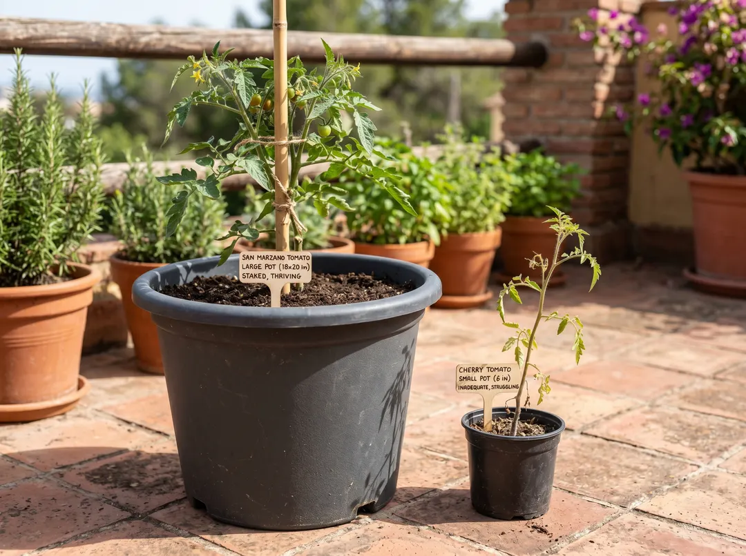 Comparaison entre un grand pot adapté à une tomate et un petit pot insuffisant, sur une terrasse