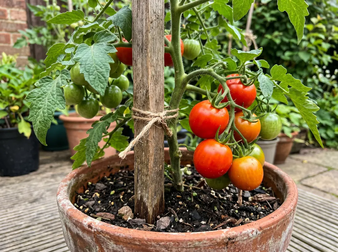 Pied de tomate en pot attaché à un tuteur en bois, tiges vertes et fruits en train de mûrir