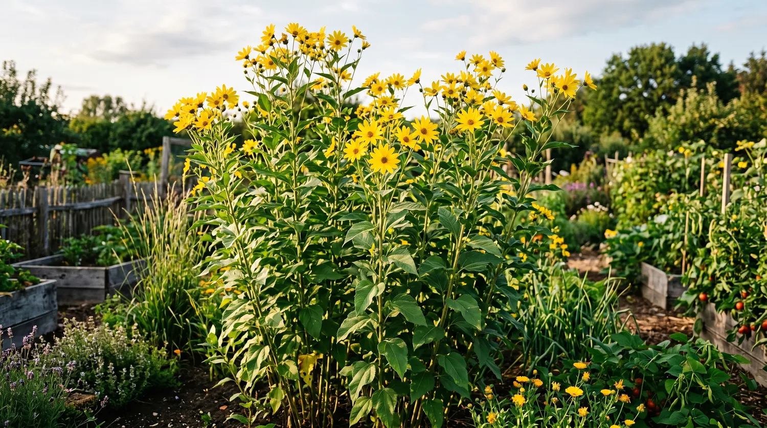 Plants de topinambour hauts avec fleurs jaunes au potager