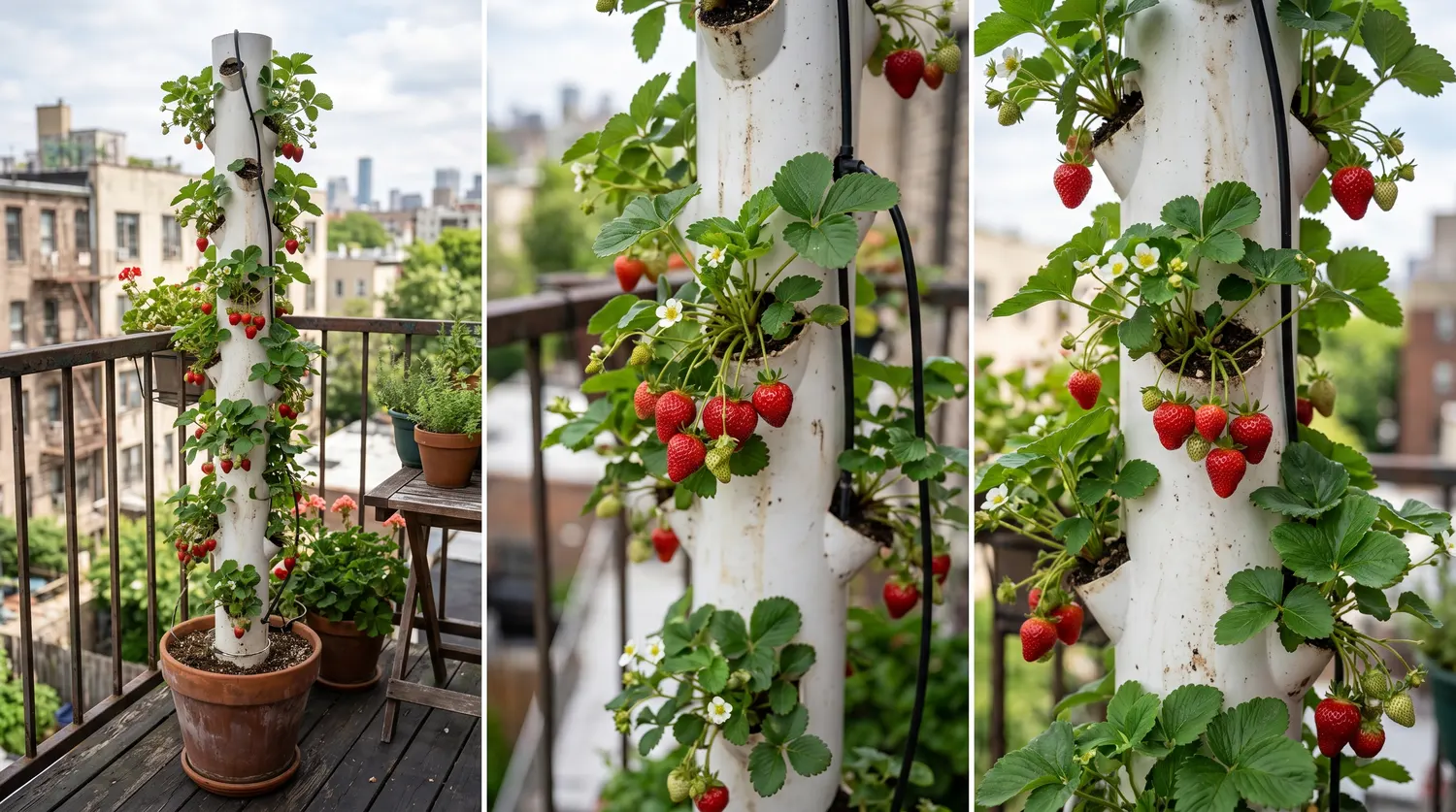 Tour à fraises verticale en PVC couverte de fraisiers et de fraises mûres sur un balcon