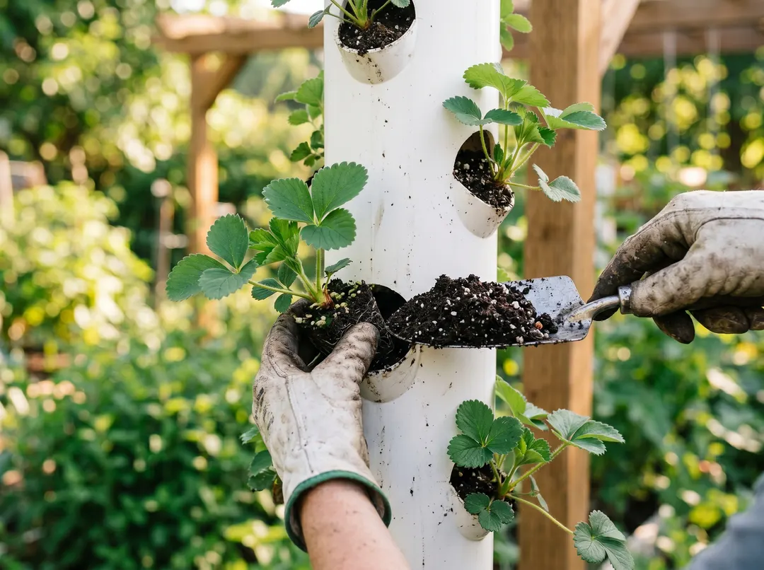 Plantation de fraisiers dans les trous d'une tour à fraises verticale en PVC