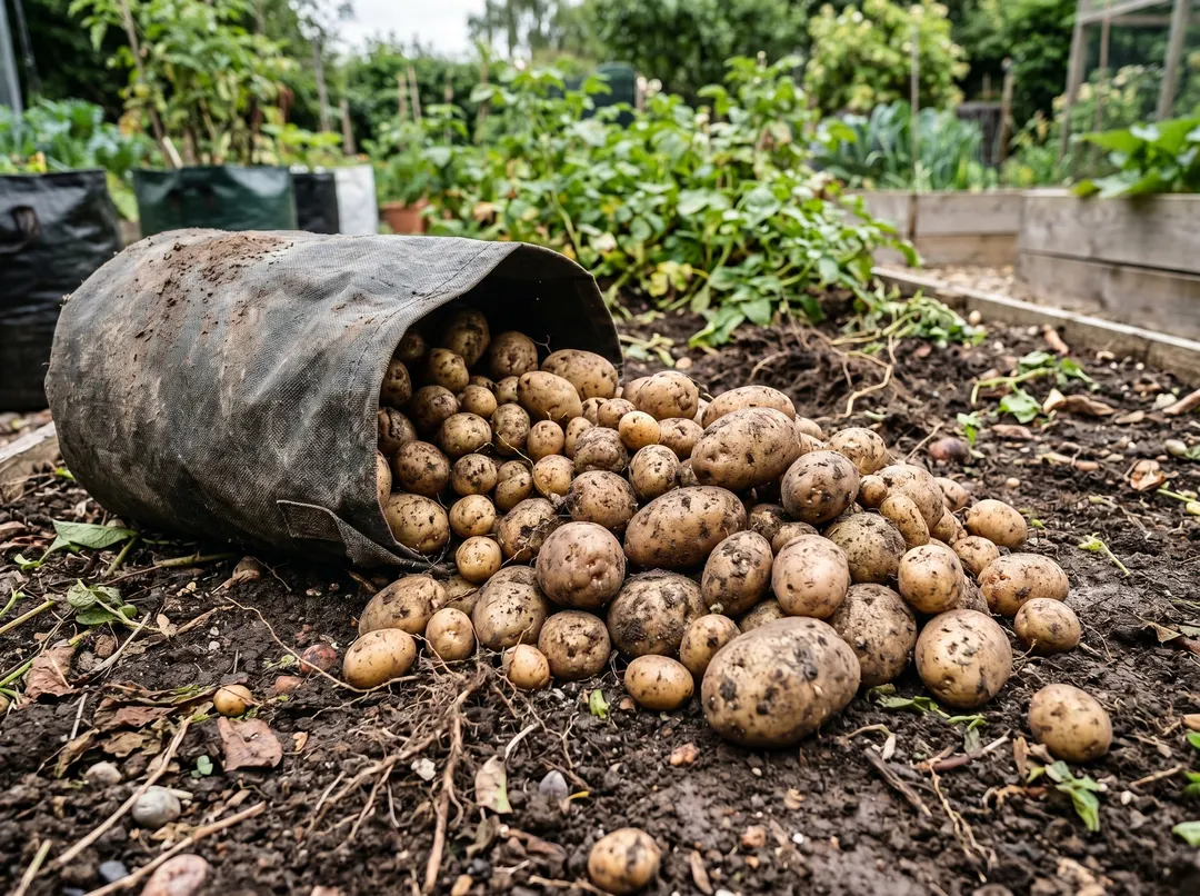 Récolte de pommes de terre renversées d'un sac de culture, tubercules abondants sur le sol