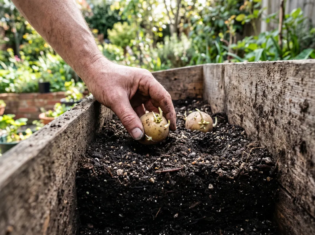 Plants de pommes de terre déposés sur une couche de terre dans un contenant haut, méthode du buttage